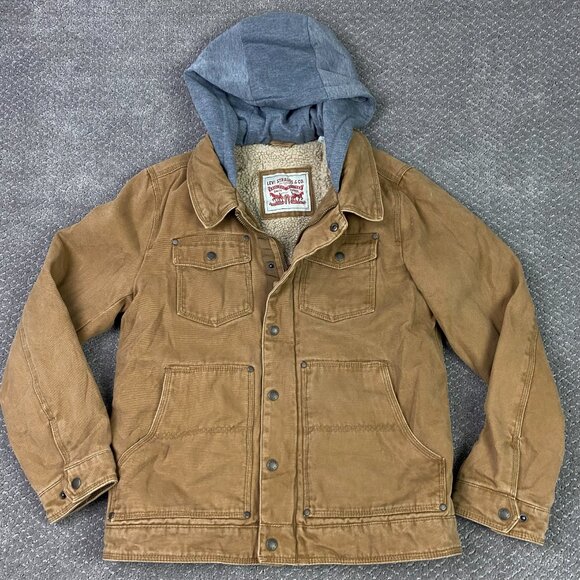 Levi's Canvas Jacket Men's Small Tan Khaki Sherpa Fleece Lined Hooded - Picture 1 of 16